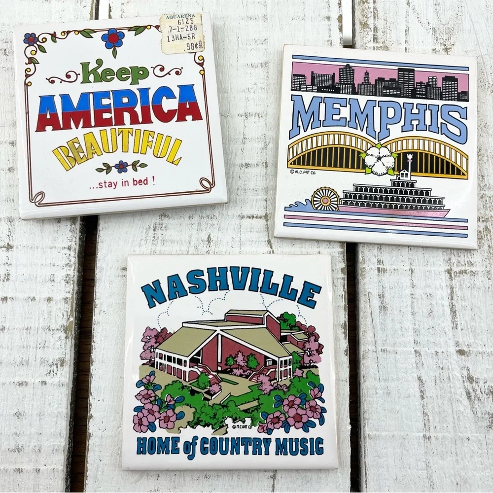 Vintage 3pc Memphis Nashville Tennessee America 5”x5” Ceramic Coaster/Decor Set